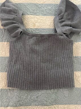 Ribbed Square-Neck Tank with Ruffle Straps - Gray